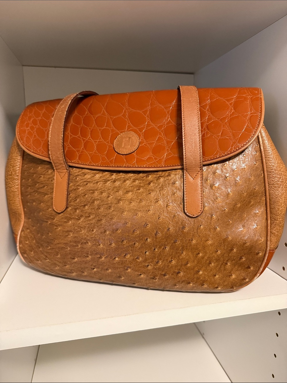 Two-Tone Tan and Orange Shoulder Bag with Textured Finish